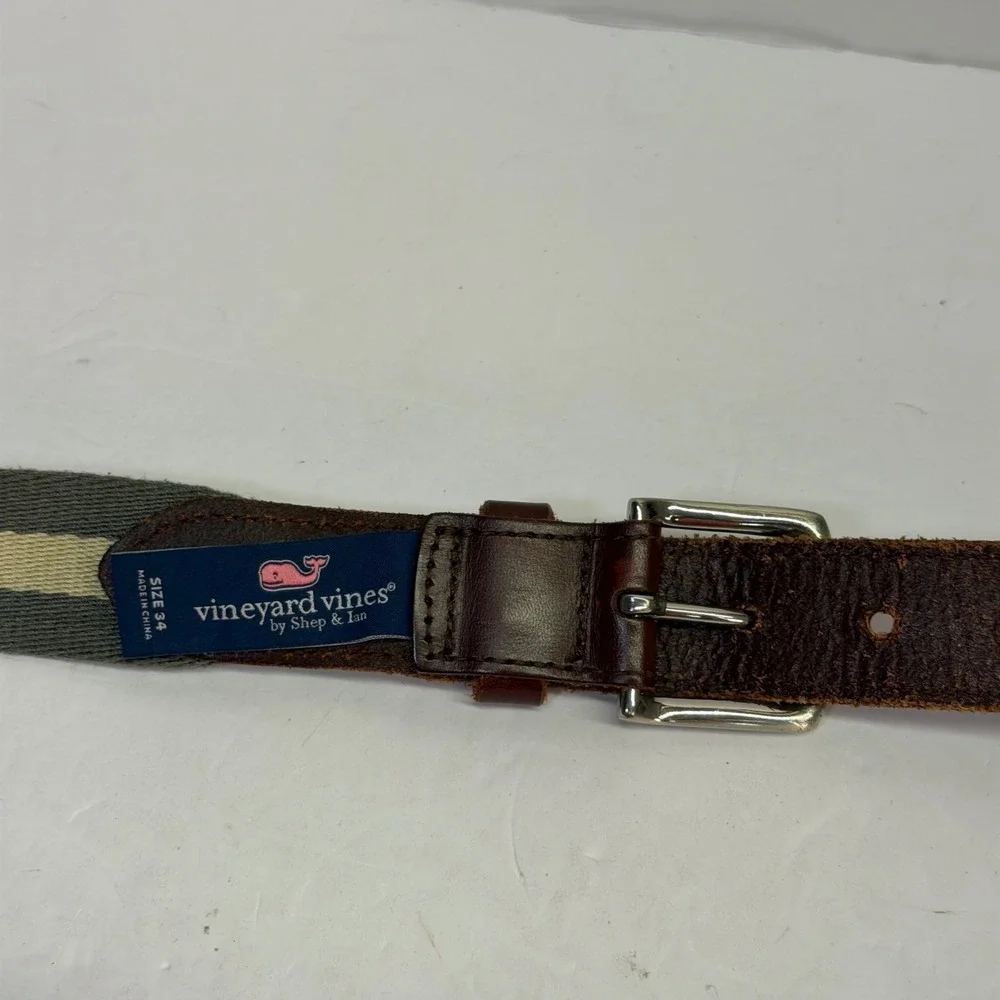 Vineyard Vines Mens Size 34 Striped Canvas Leather Belt Green Tan Preppy Whale